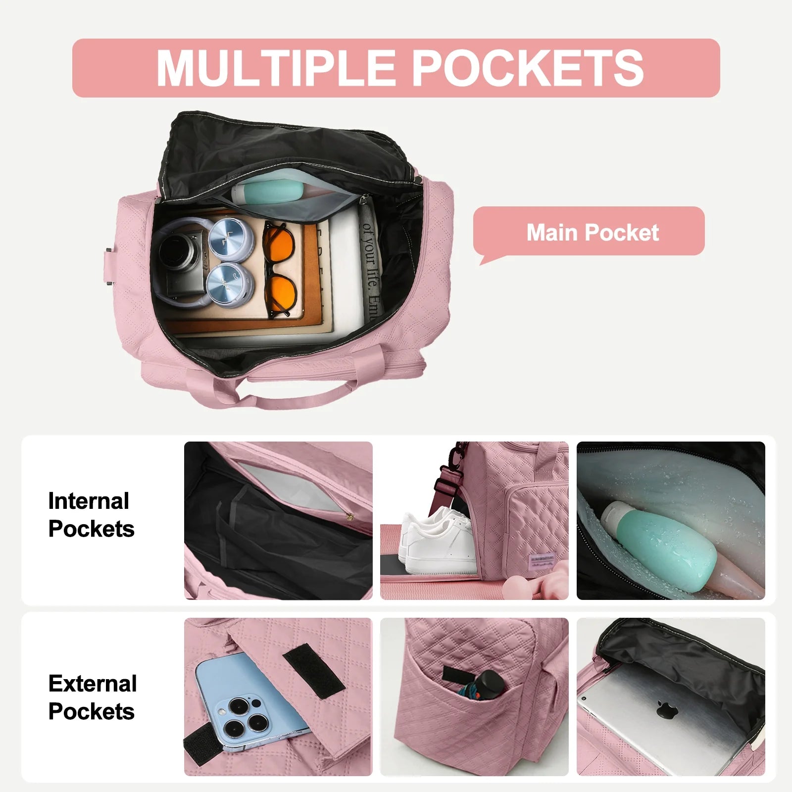 Travel Duffle Bag for Women Men, Weekender Bags Carry on Gym Bag with Wet Pocket/Adjustable Strap/Shoe Compartment, Foldable Waterproof Overnight Tote Bag for Plane Sports Dance, Pink