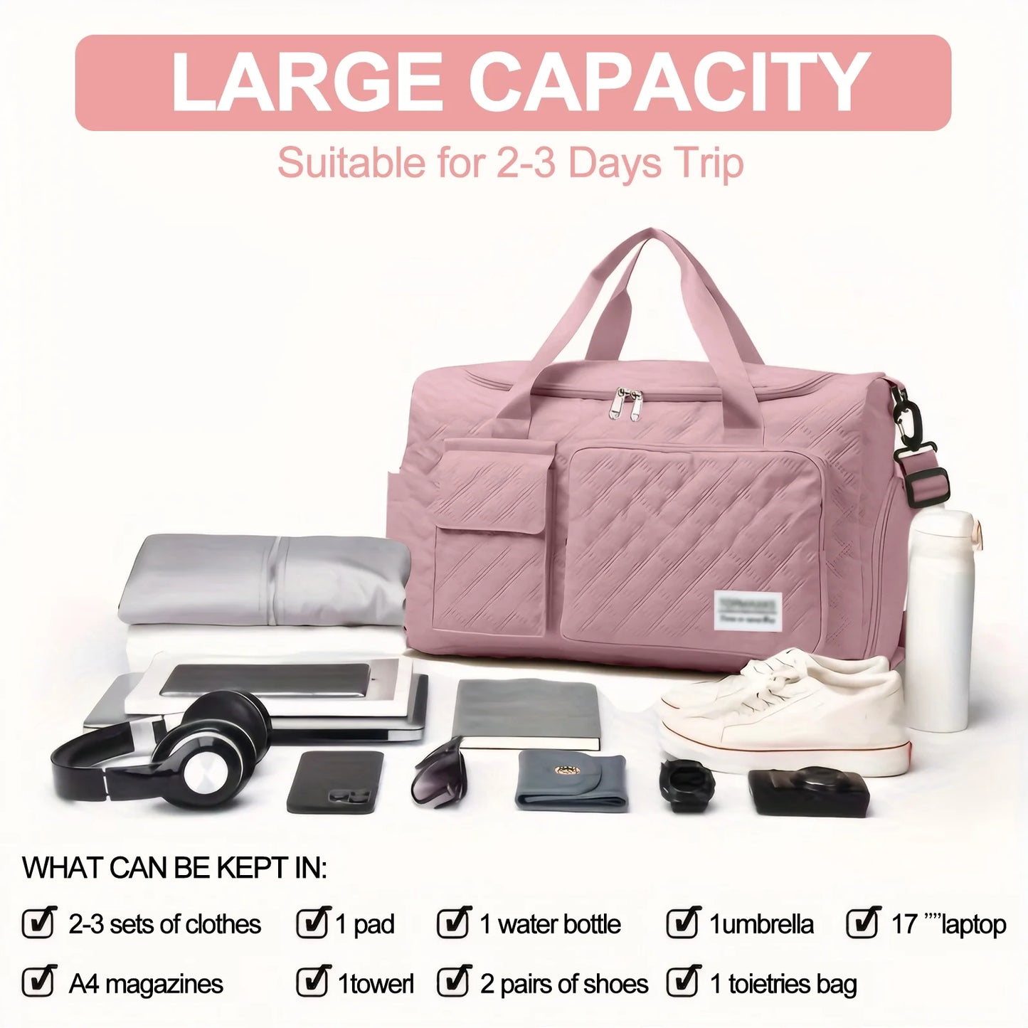 Travel Duffle Bag for Women Men, Weekender Bags Carry on Gym Bag with Wet Pocket/Adjustable Strap/Shoe Compartment, Foldable Waterproof Overnight Tote Bag for Plane Sports Dance, Pink