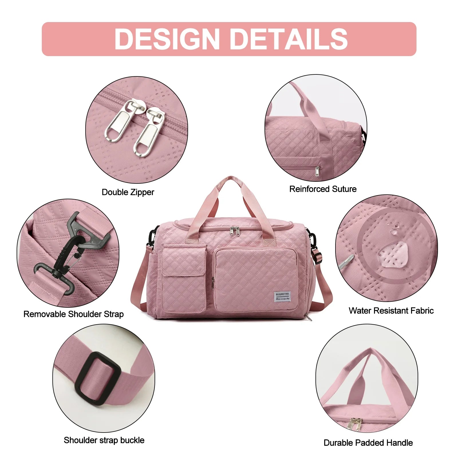 Travel Duffle Bag for Women Men, Weekender Bags Carry on Gym Bag with Wet Pocket/Adjustable Strap/Shoe Compartment, Foldable Waterproof Overnight Tote Bag for Plane Sports Dance, Pink