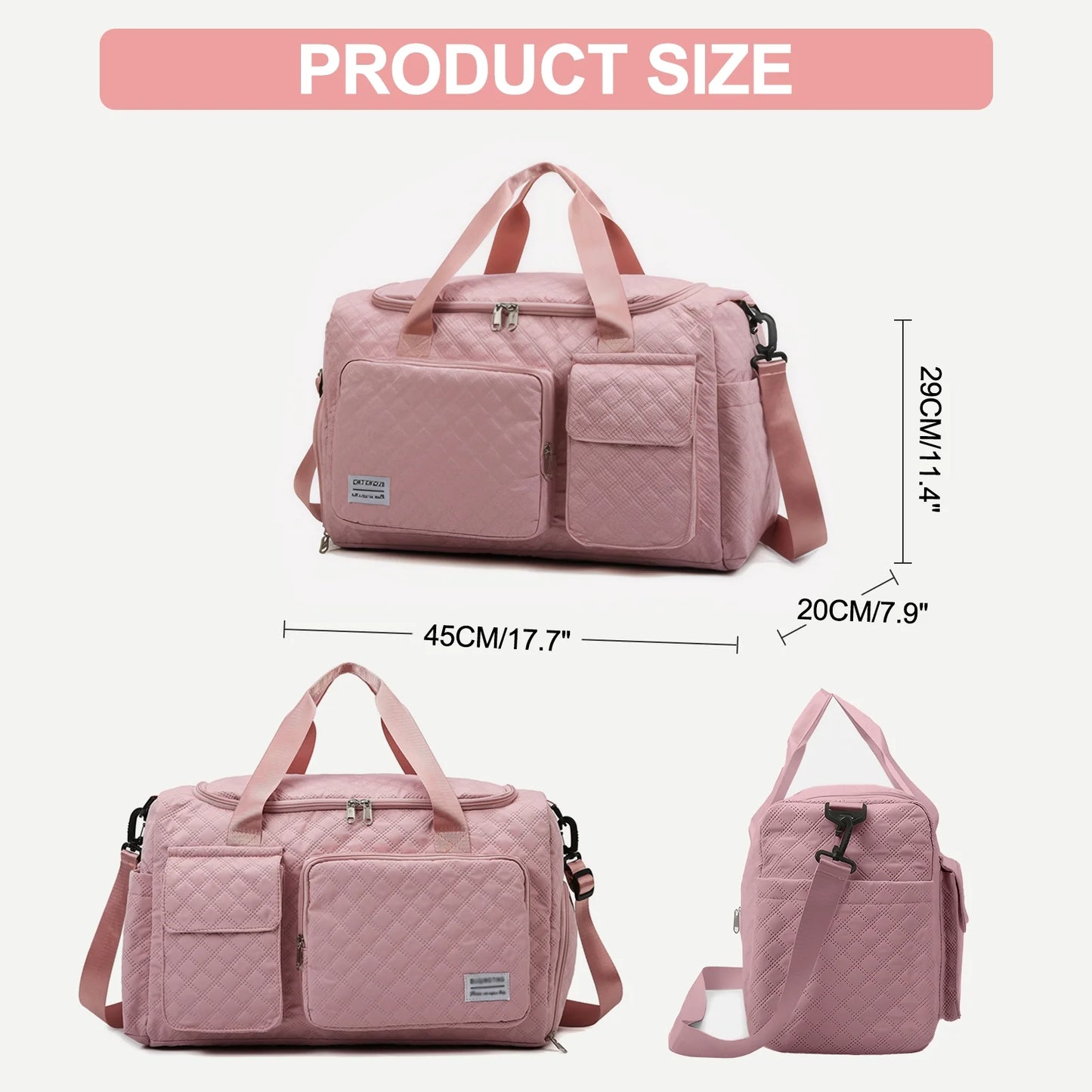 Travel Duffle Bag for Women Men, Weekender Bags Carry on Gym Bag with Wet Pocket/Adjustable Strap/Shoe Compartment, Foldable Waterproof Overnight Tote Bag for Plane Sports Dance, Pink